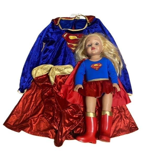 Super Girl Costume Medium W/ Matching Doll & Outfit Halloween Red Blue Dress - Picture 1 of 10